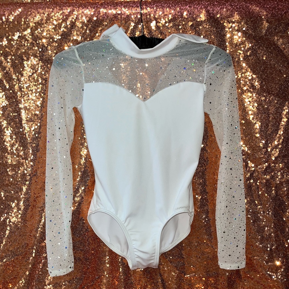 GENTLY USED - WHITE SEQUIN BODY WRAPPERS LEOTARD - SIZE 8-10